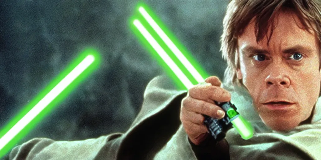 Image similar to a still from a film featuring clean shaven mark hamill as jedi master luke skywalker, holding a green lightsaber by the hilt, 3 5 mm, directed by steven spielberg, 1 9 9 4