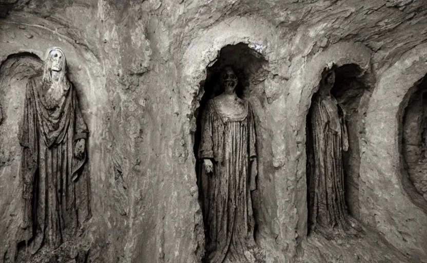 Image similar to several decrepit creepy statues of the archangel gabriel looking at the camera, placed throughout a dark claustrophobic old catacomb cavern, realistic, underexposed photography, bad camera footage, wide shot, sinister, bad lighting, foreboding, grainy photo