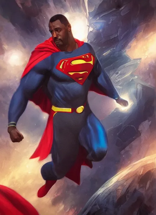 Prompt: Idris Elba as Superman (2019), zac snyder, fantasy, intricate, elegant, highly detailed, digital painting, artstation, concept art, smooth, sharp focus, illustration, art by artgerm and greg rutkowski and alphonse mucha