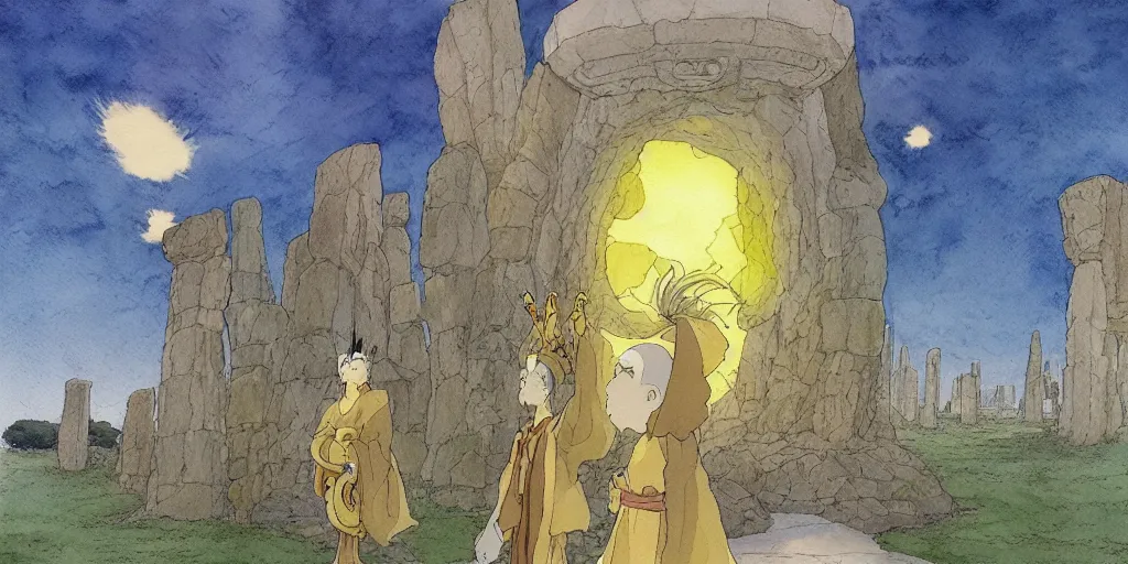 Image similar to a hyperrealist studio ghibli watercolor fantasy concept art of a giant chinese god and a small grey alien with a yellow robe in stonehenge in the early morning. a giant gold ufo is floating in the air. by rebecca guay, michael kaluta, charles vess
