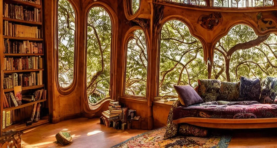 Prompt: an incredibly beautiful scene from a 2 0 2 2 marvel film featuring a cozy art nouveau reading nook in a fantasy treehouse interior. a couch with embroidered pillows. a tree trunk. ancient books. golden hour. 8 k uhd.