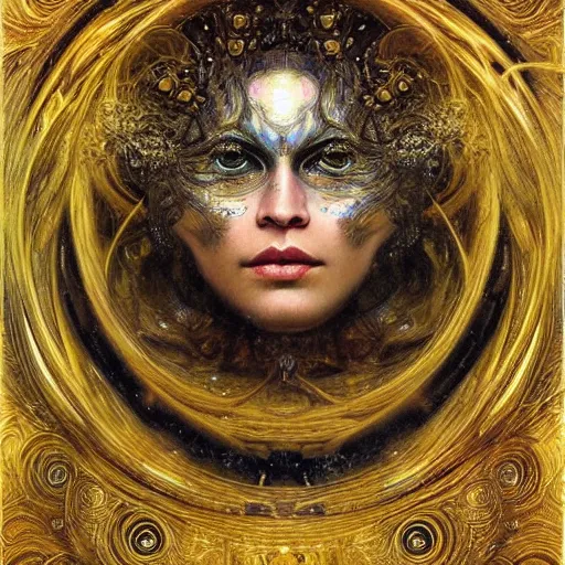 Image similar to Divine Chaos Engine by Karol Bak, Jean Deville, Gustav Klimt, and Vincent Van Gogh, beautiful visionary mystical portrait, sacred, otherworldly, fractal structures, ornate gilded medieval icon, third eye, spirals, handless, no hands