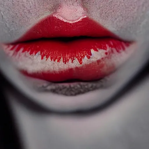 Image similar to lips sewn shut surrounded by red curtains by Conrad Roset and Nicola Samuri, close-up shot, rule of thirds, seductive look, beautiful, intricate, dystopian, sci-fi, extremely detailed, digital painting, artstation, concept art, smooth, sharp focus, illustration, intimidating lighting, incredible art, details visible, very dark ambiance