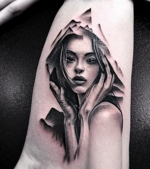 Image similar to tattoo design sketch of a beautiful woman with a background of beautiful mountains on her side, hyper - realistic, double exposure effect, in the style of den yakovlev, amazing detail, black and white, faded