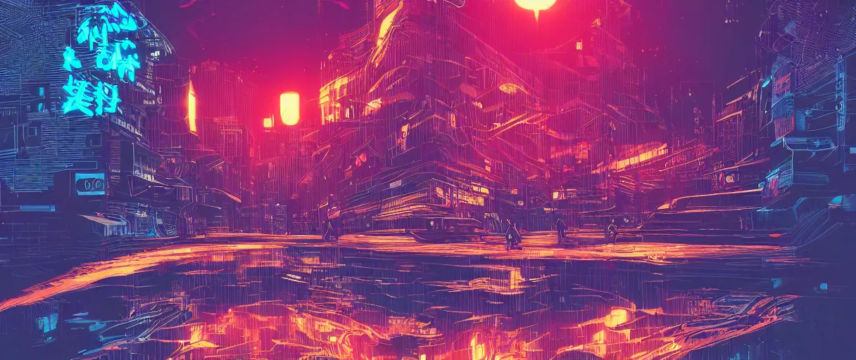 Image similar to great wave hitting cyberpunk city, water, sea, cyberpunk, neon, dramatic lighting style of Laurie Greasley and Satoshi Kon + symmetric lights and smoke, psychedelic effects, glowing particles, fractal neon rain, comic, wood block