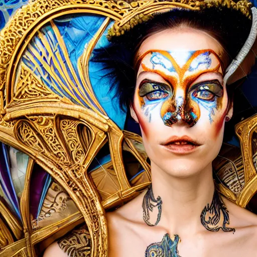 Image similar to an award finning closeup facial portrait by luis rogyo and john howe of a bohemian female cyberpunk traveller clothed in excessively fashionable 8 0 s haute couture fashion and wearing ornate art nouveau body paint