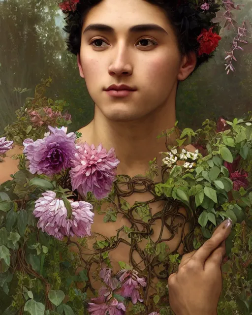 Image similar to 3 / 4 portrait, young male spring god, brown skin, dark hair, dress made of flowers and vines, beautiful, flowers, detailed field background, jewelry, artstation, artgerm, eerie, alphonse mucha, william bouguereau, rossdraws, greg rutkowski, super detailed, illustration, realistic, octane render, sharp focus, cinematic, 8 k