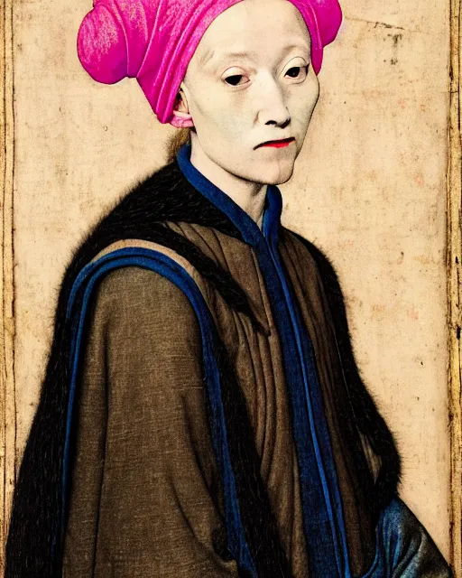 Image similar to portrait of a pale woman with blue hair buns, wearing a pink hoodie, intricate details, high detail, black background, in a high renaissance style, in the style of jan van eyck and jacopo da pontormo, punk, asian art,