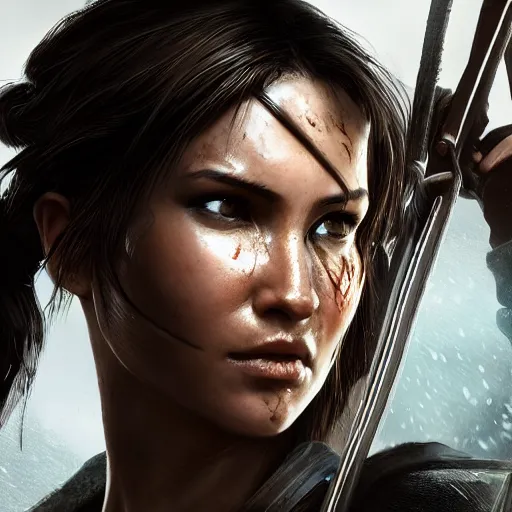 Prompt: Lara croft as samurai , wet face , heavy rain, dirt face ,dramatic, intricate, highly detailed, concept art, smooth, sharp focus, illustration, Unreal Engine 5, 8K