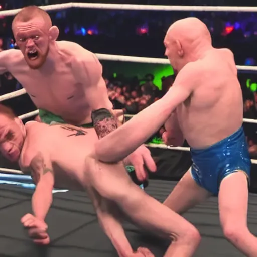 Image similar to gollum smeagol wrestling with conor mcgregor, ultra detailed, ultra realistic