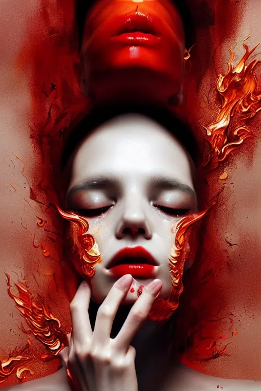 Prompt: 3 d, crying fashion model with opened eyes, flame, liquid black and red water, morning, vogue cover style, poster art, high detail, intricate oil painting, multiple exposure, heaven mood, hyperrealism, 3 d, by tooth wu and wlop and beeple and greg rutkowski