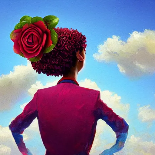 Image similar to closeup, giant rose flower head, portrait, girl in a suit, surreal photography, sunrise, blue sky, dramatic light, impressionist painting, digital painting, artstation, simon stalenhag