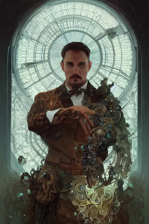 Image similar to portrait of mr who, his time machine is in the background, m, intricate, elegant, highly detailed, digital painting, artstation, concept art, smooth, sharp, focus, illustration, art by artgerm and greg rutkowski and alphonse mucha