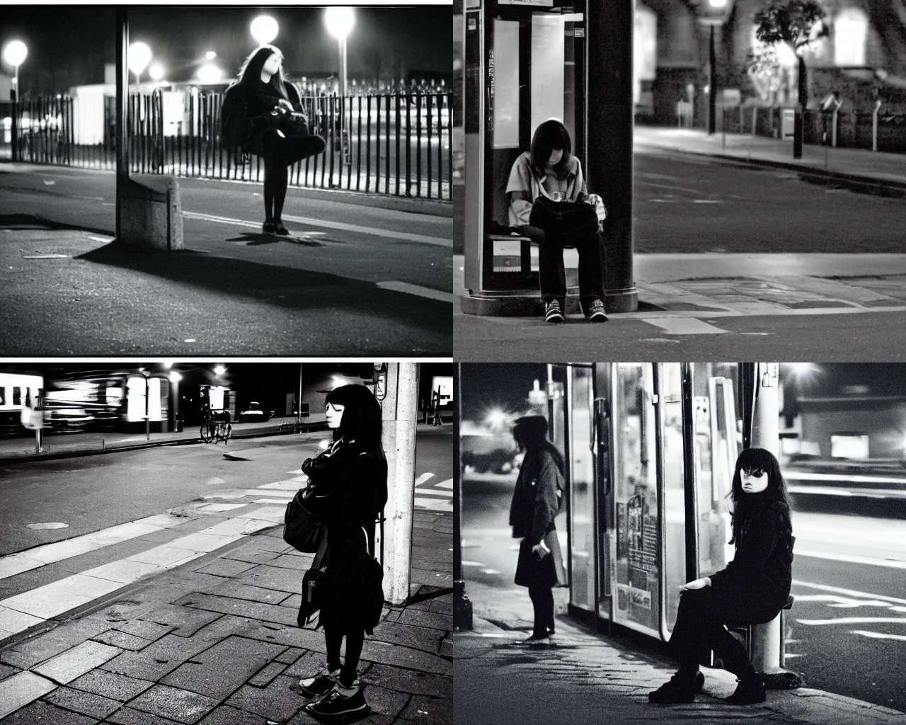 Prompt: an emo girl at a british bus stop in 2006, night time, amateur photograph
