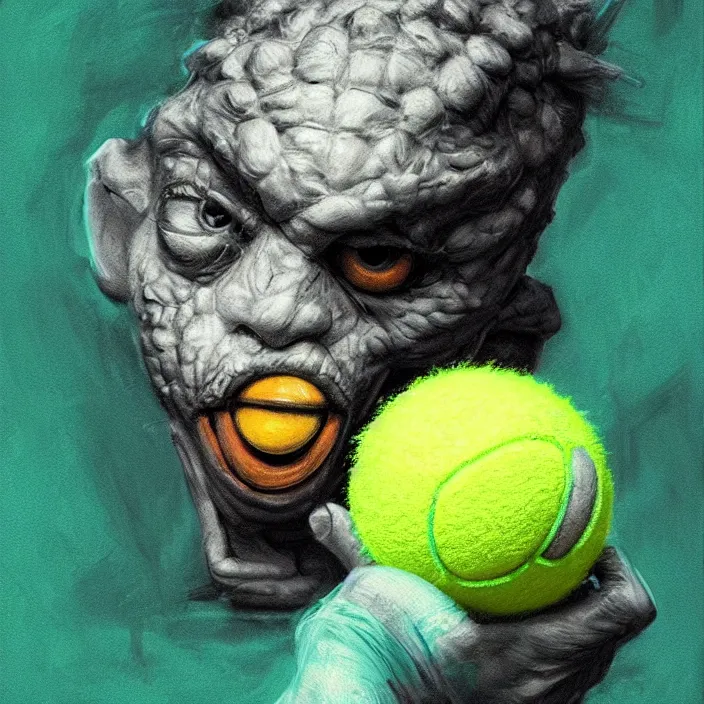 Image similar to cinematic portrait of a cute tennis ball monster stopped in time, chalk, masterpiece, trending on artstation, featured on pixiv, cinematic composition, dramatic pose, beautiful lighting, sharp details, hyper - detailed, hd, hdr, 4 k, 8 k, art by basil gogos