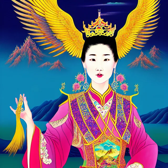 Prompt: portrait of a beautiful asian mongolian princess goddess spreading its wings, portrait of princess wearing a beautiful ornate crown, in the background lake baikal is seen, in the art style of bagshaw tom, by bagshaw tom