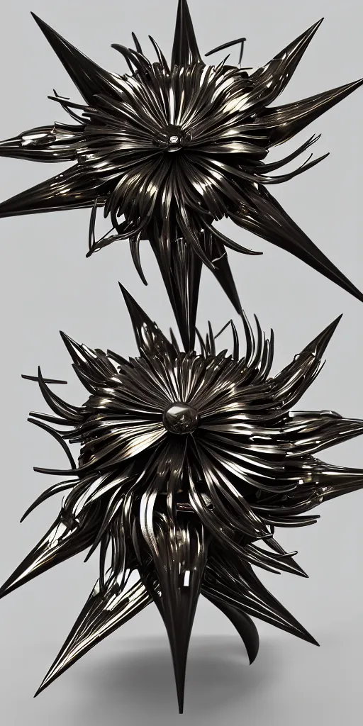 Image similar to 3 d photographic render of asymmetric metallic flower sculpture with thorns, bioluminescent chrometype, made of liquid metal, neotribal with thorns and thunders, cyberpunk, raytracing, hyper realistic, volumetric lightning, 8 k, by zhelong xu and ouchh studio