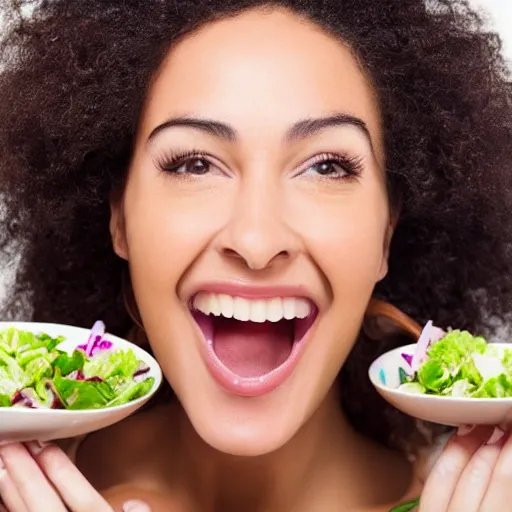 Image similar to close up headshot of a happy woman eating salad, stock photograph, studio lighting, 4k, beautiful symmetric face, beautiful gazing eyes