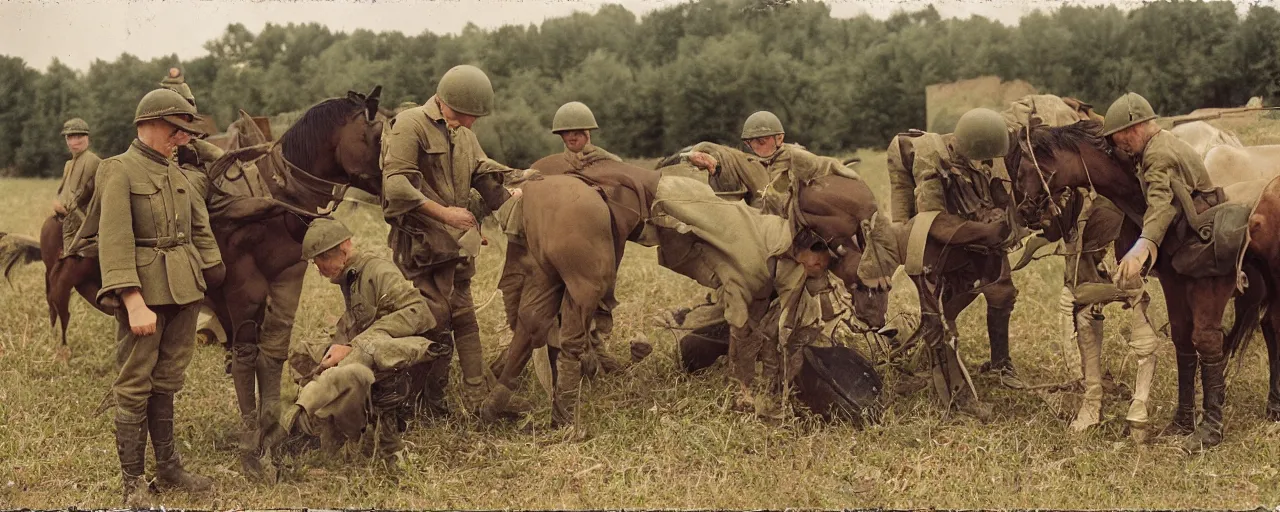 Image similar to soldiers feeding horses spaghetti meal, world war 1, canon 5 0 mm, kodachrome, in the style of wes anderson, retro