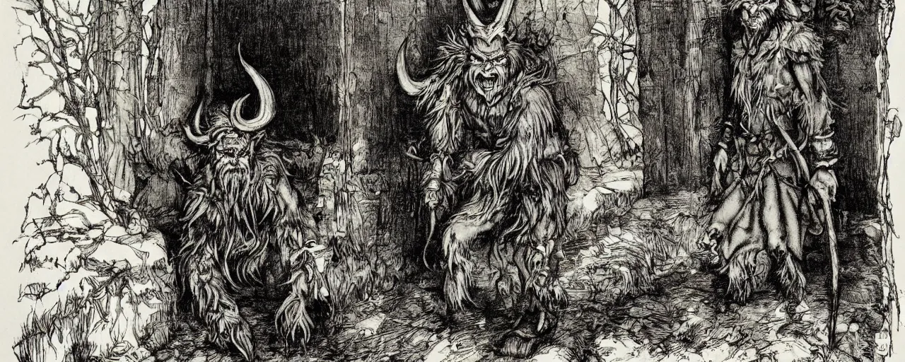 Image similar to Victorian Krampus horned satyr figure walking through a fantasy Victorian christmas village, art by arthur rackham, photorealistic, dark fantasy, book illustration style, 19th Century, 8K