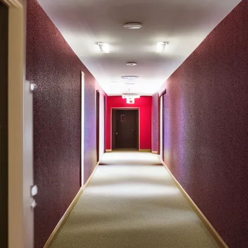 Image similar to an erie hotel corridor with red carpet, at the end of the corridor the light comes from a window, dust particles in the air