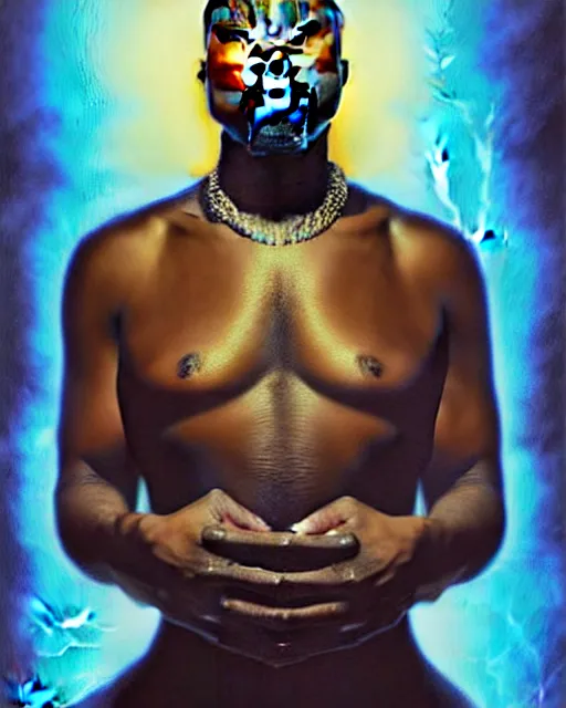 Prompt: a detailed portrait of kanye west as dreampunk male model with striped lensed aviators ( chinese dragon ) fractal ( glass ) ( lightning ) beautiful! ( ( blue eyes ) ) by tomasz alen kopera and peter mohrbacher and johanna martine! and margaret keane! elegant fierce masculine luminescent