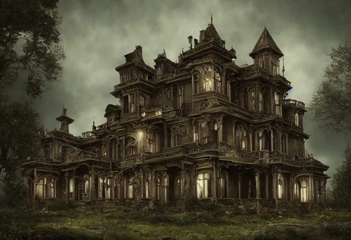 Prompt: creepy victorian mansion, ominous background, hyperrealism, realistic, dramatic lighting, octane render, highly detailed, cinematic lighting, cinematic, art by rubens and rutkowski and rembrandt