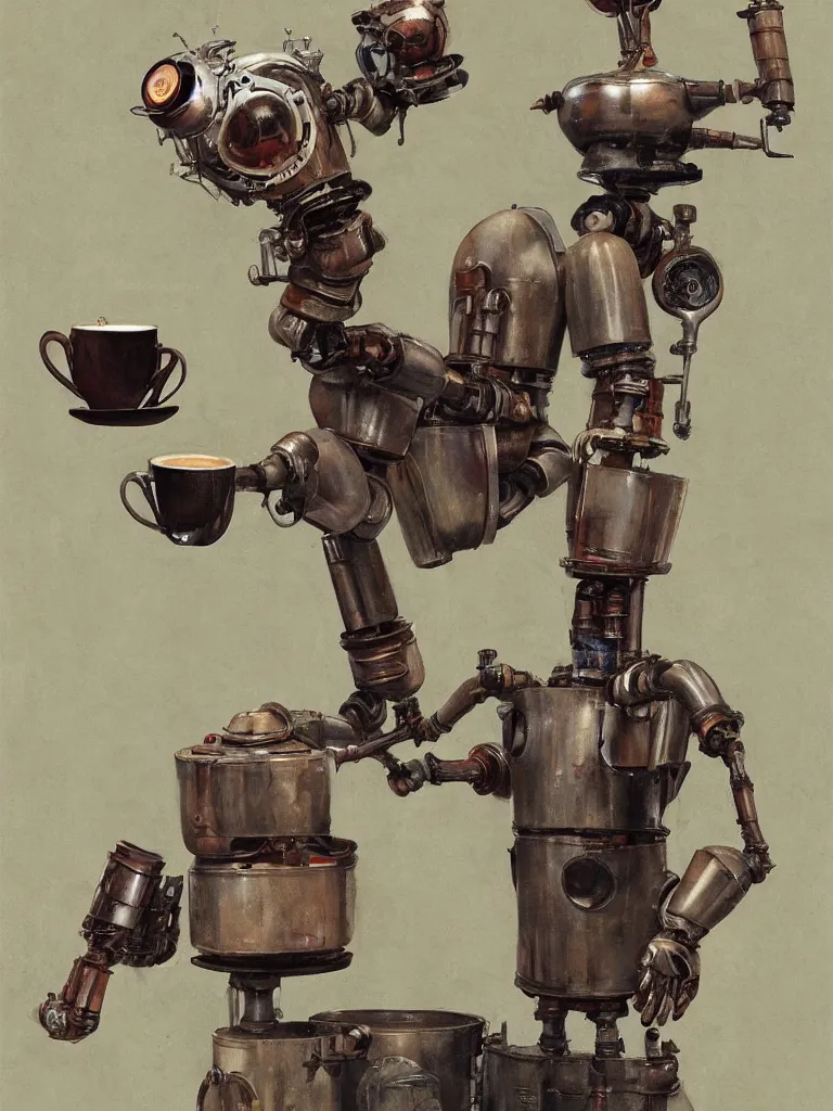 Prompt: full-length portrait of a singular old mechanical humanoid robot offering a cup of steaming coffee, by Esao Andrews, sharp focus, fresh colors, deviantart, conceptart