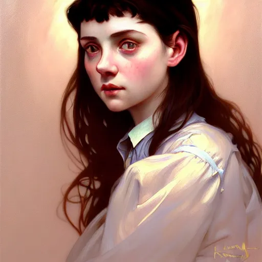 Image similar to portrait of a welsh teenage girl with brown hair, glowing skin, delicate features, amelie poulain, fantasy, intricate, elegant, dress shirt, highly detailed, digital painting, artstation, concept art, smooth, sharp focus, illustration, art by Krenz Cushart and Artem Demura and alphonse mucha