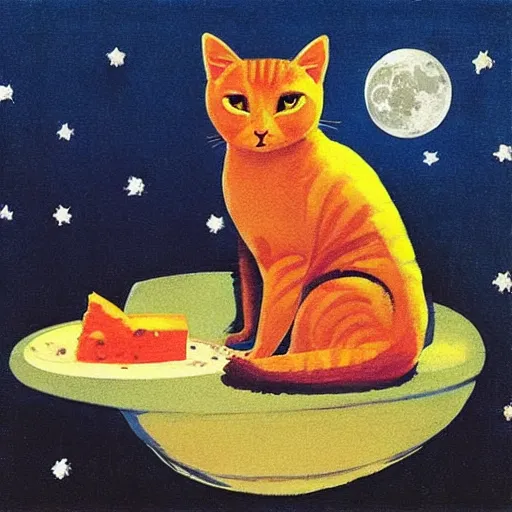 Prompt: “ a cat sitting on the moon made of cheese, bright color, by coby whitmore ”