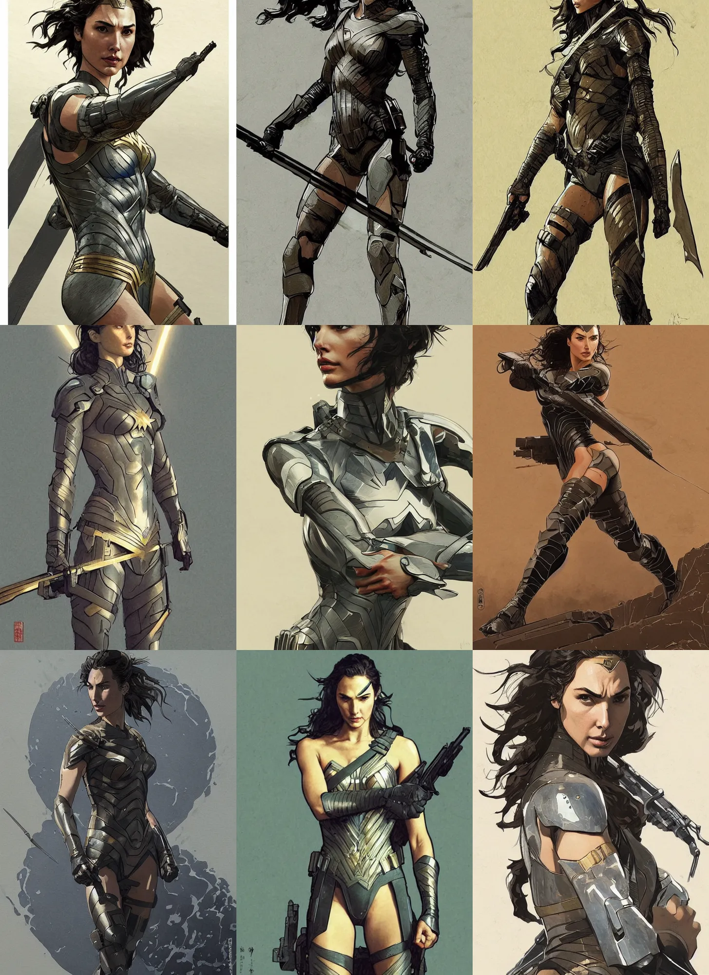 Image similar to gal gadot wearing metal gear armor art by Hokusai by greg rutkowski by wlop high detail comic sharp vector lineart dramtic lighting artstation by trevor henderson cinematic dramatic