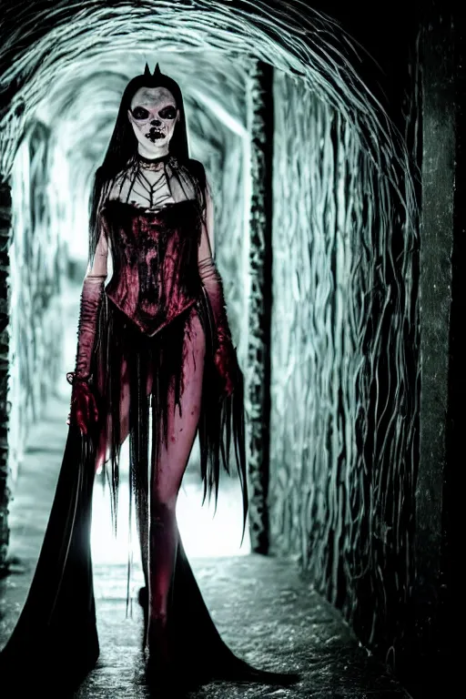 Image similar to dressed anya taylor - joy, a sinister demonic princess of cenobites, symmetrical, cinematic, elegant, demonic atmosphere, professional studio light, real dlsr photography, sharp focus, costume made by clive barker, real rotten flesh, blood and bones, 4 k, ultra hd, sense of awe