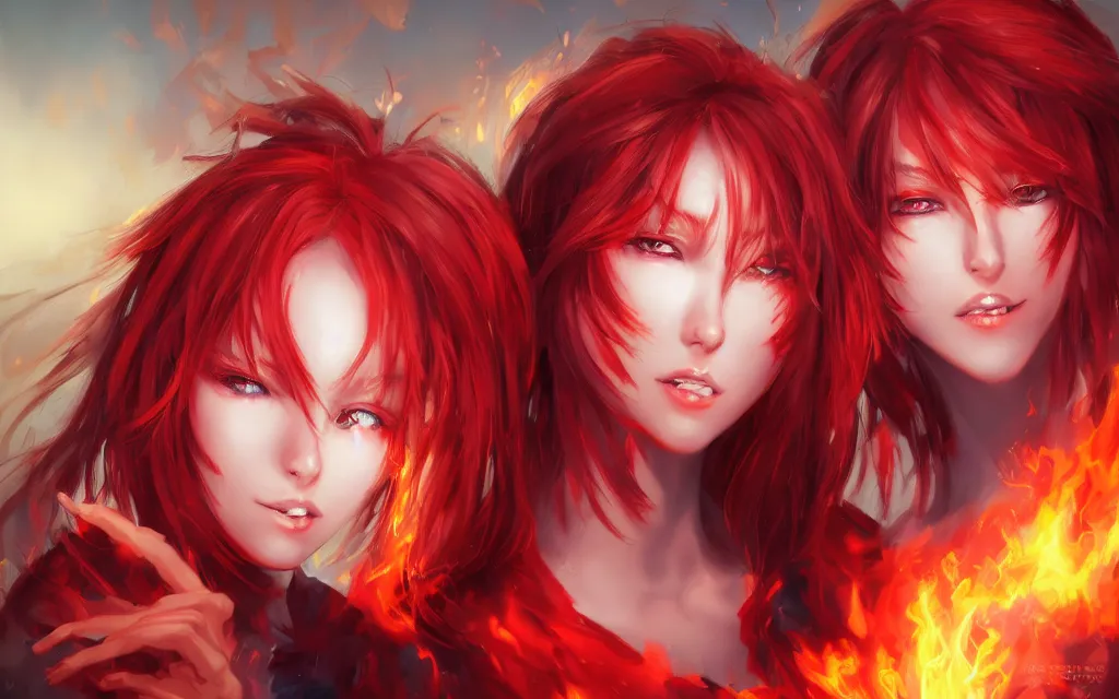 Image similar to A realistic anime portrait of a beautiful fire spirit twins with glowing red eyes and firey skin wearing clothes made of flames, digital painting, by Stanley Artgerm Lau, Sakimichan, WLOP and Rossdraws, digtial painting, trending on ArtStation, SFW version