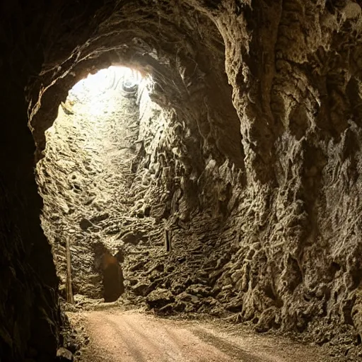 Prompt: a medieval pilgrimage on a dirt road in a gigantic cavern deep underground, dark, fantasy