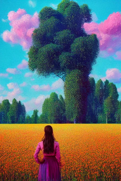 Image similar to flower face, girl standing in flower field, surreal photography, big trees, sunrise dramatic light, impressionist painting, colorful clouds, digital painting, pointillism, artstation, simon stalenhag