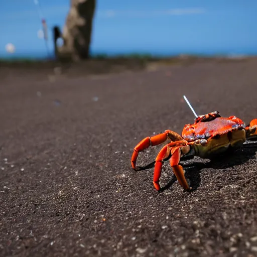 Prompt: crabs in the middle of nowhere queue in a line behind a slingshot pointed towards the moon to be sent to the moon