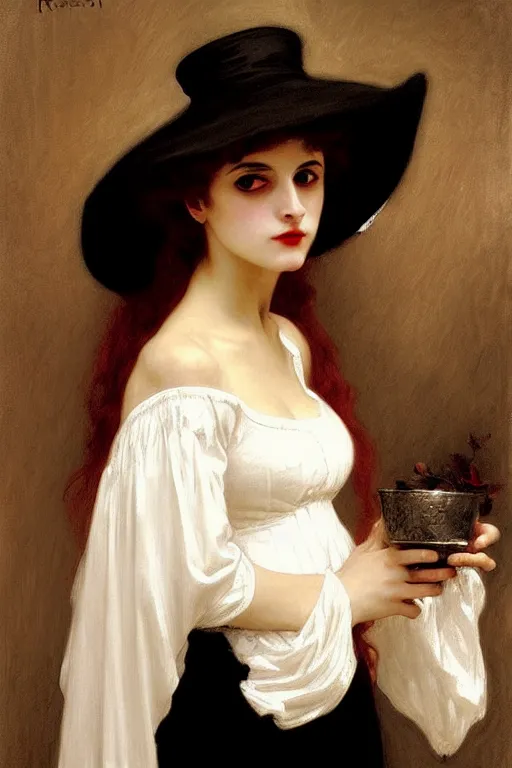 Image similar to victorian vampire in a big hat, white dress, painting by rossetti bouguereau, detailed art, artstation