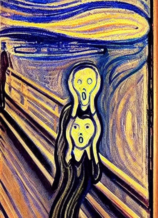 Prompt: oil painting of The Scream !!taking a seflie!! with an iPhone!! by Edvard Munch