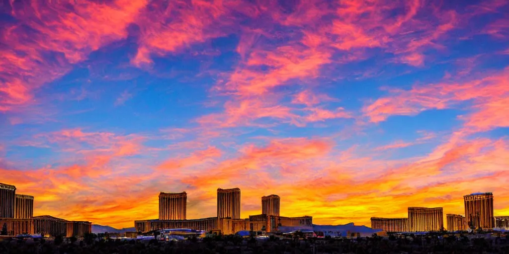 Image similar to sunset on las vegas, tetrachromacy, professional photo, landscape, dark, stunning sky, low horizon, award winning, colorful sky