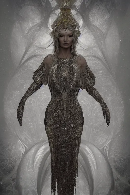 Image similar to a realistic moody photo of a beautiful ancient alien woman goddess kate moss angel standing in iris van herpen dress jewelery and fractals in style of alphonse mucha art nuvo dmt trending on artstation made in unreal engine 4