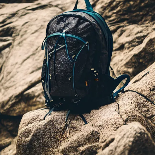 Image similar to a hiking backpack designed by louis Vuitton. Product photography.