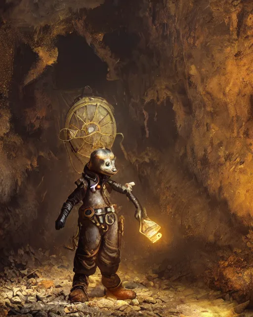 Prompt: oil painting of poor anthropomorphized mole mining gold, full body, sharp focus, fantasy style, dark steampunk mine shaft backround, octane render, volumetric lighting, 8k high definition, by greg rutkowski, highly detailed, trending on art Station