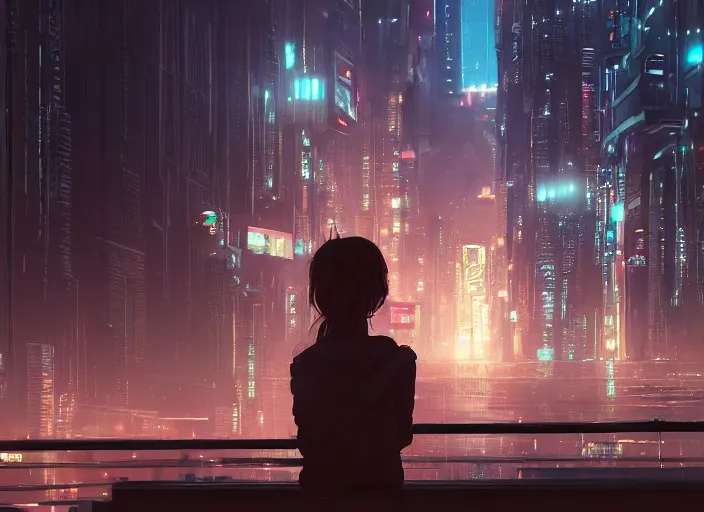 Image similar to girl staring at a meteorite hitting a floating cyberpunk city at night by wlop, key visual, high detail, digital art