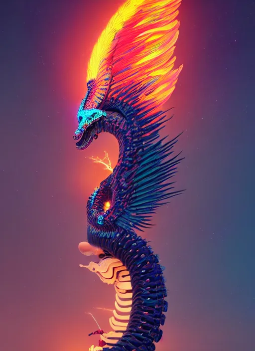 Image similar to a wlop 3 d render of goddess, 8 k micro details beautiful intricate highly detailed quetzalcoatl skull and feathers. bioluminescent, fire, snow, thunderstorm! artwork by tooth wu and wlop and beeple and greg rutkowski, trending on artstation,