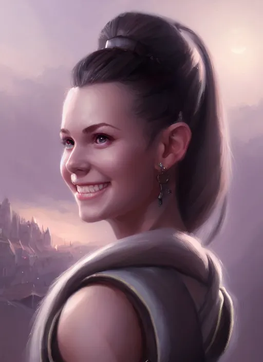 Image similar to a _ fantasy _ style _ portrait _ painting _ of white girl, dark ponytail hair, smiling, round face, rpg dnd oil _ painting _ unreal _ 5 _ daz. _ rpg _ portrait _ extremely _ detailed _ artgerm _ greg _ rutkowski _ greg