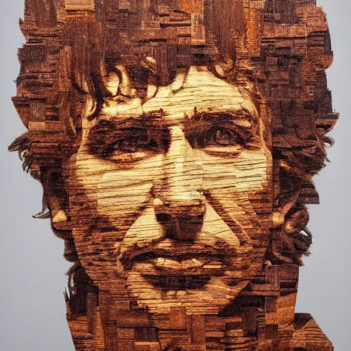 Prompt: accurate portrait of a bob dylan, symmetrical face, carved out of red oak wood on a pedestal art by stephan balkenhol, dramatic lighting, artsy, 8 k