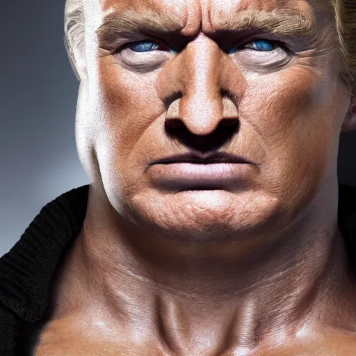 Image similar to uhd, high resolution photography of woman, genetic combination of hulk hogan and donald trump face and upper body, body focus