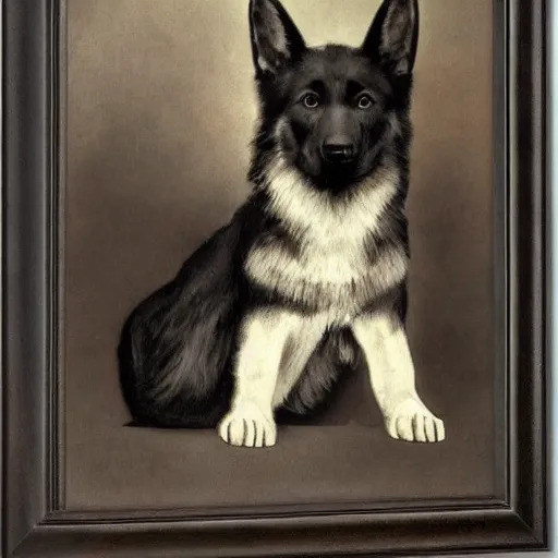 Prompt: a black german shepherd mix dog with pointed ears and a tiny white tail tip by alphonse mucha