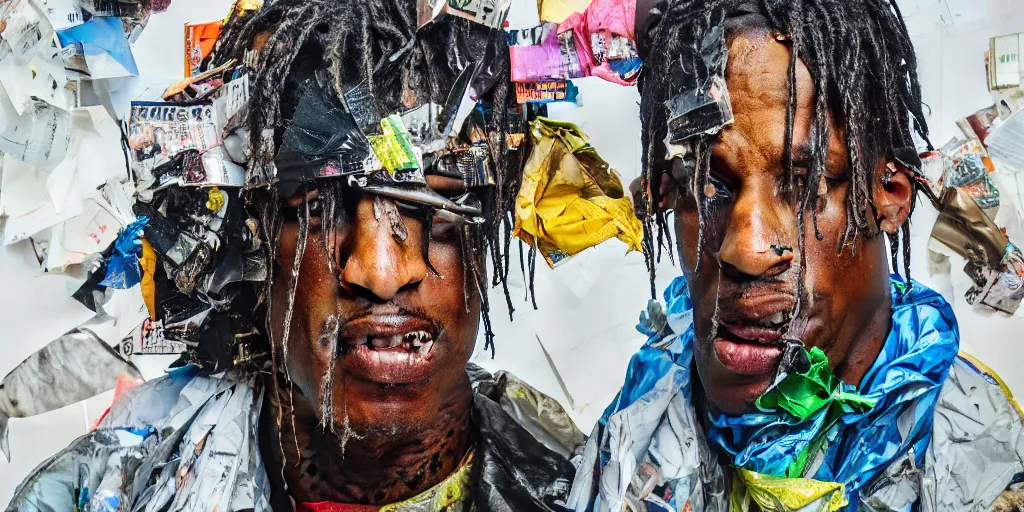 Prompt: travis scott with trash bag on his head, eye holes and big hair, paper pieces, skyscrapers, collage paper and tape, acrylic on canvas, hyperrealism mixed with expressionism, high resolution, cinematic, unreal 6 breathtaking detailed, by blake neubert