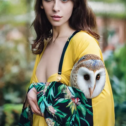 Image similar to head to shoulder portrait Polaroid photograph of an elegant top model wearing a yellow kimono with a very detailed barn owl on her shoulder!!! in a tropical greenhouse. looking at the camera!!. super resolution. 85 mm f1.8 lens.bokeh. art by Alessio albi and ashley wood and Edmund Blair Leighton ! -